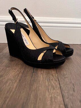 Jimmy Choo All Black Sparkly Sling Back Wedge Sandal/Heel